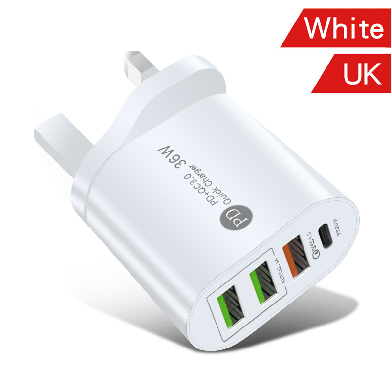 Usb-schnellladeadapter (36w qc3.0 pdx 3 für apple iphone 13 pro, 12, 11, 8, 7, ipad (eu/uk/us-stecker, pd-ladegerät, typ c): Uk-stecker weiß