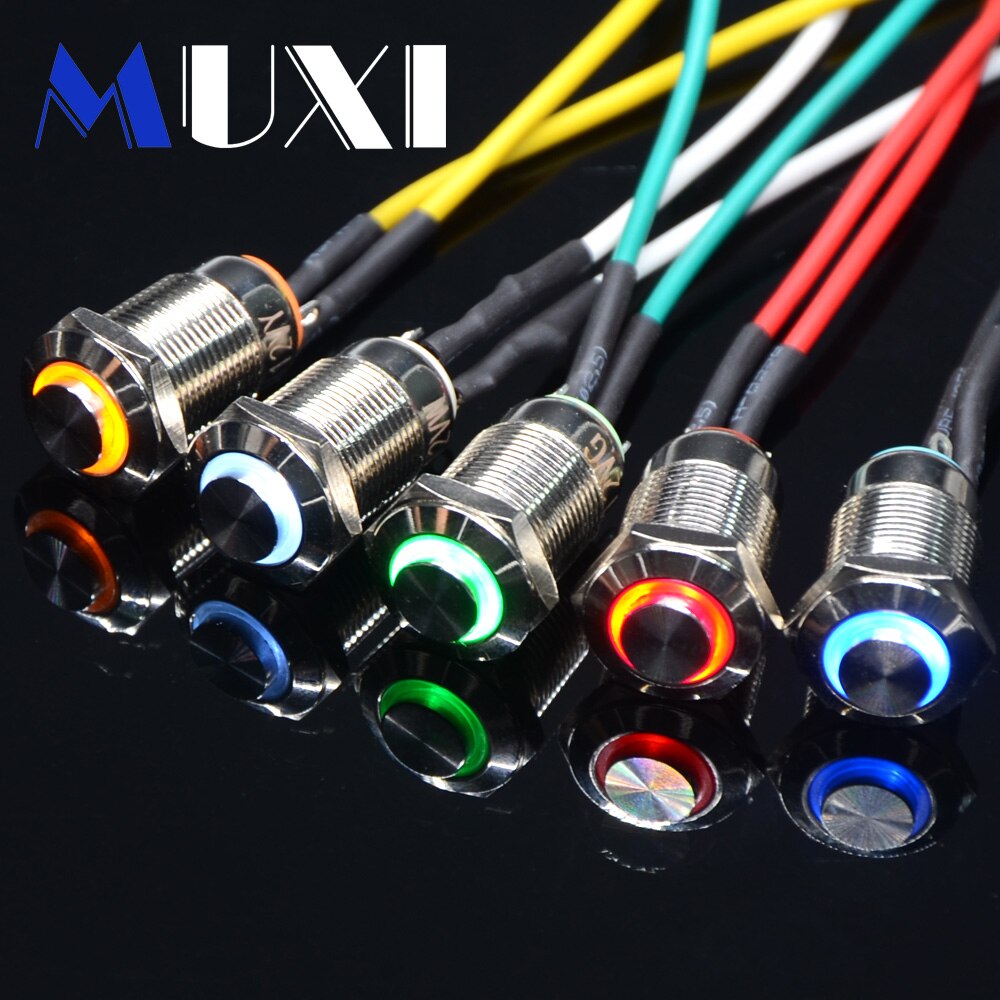 12mm Self-locking Waterproof Metal Push Button Switch With LED light 3V 5V 6V 12V 24V 110V 220V RED BLUE GREEN YELLOW