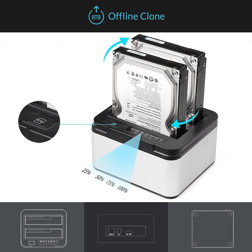 HSEN Dual Bay USB 3.0 SATA Zewnętrzna Stacja Dokująca Dysku Twardego - Funkcja Klonowania Offline - Aluminium