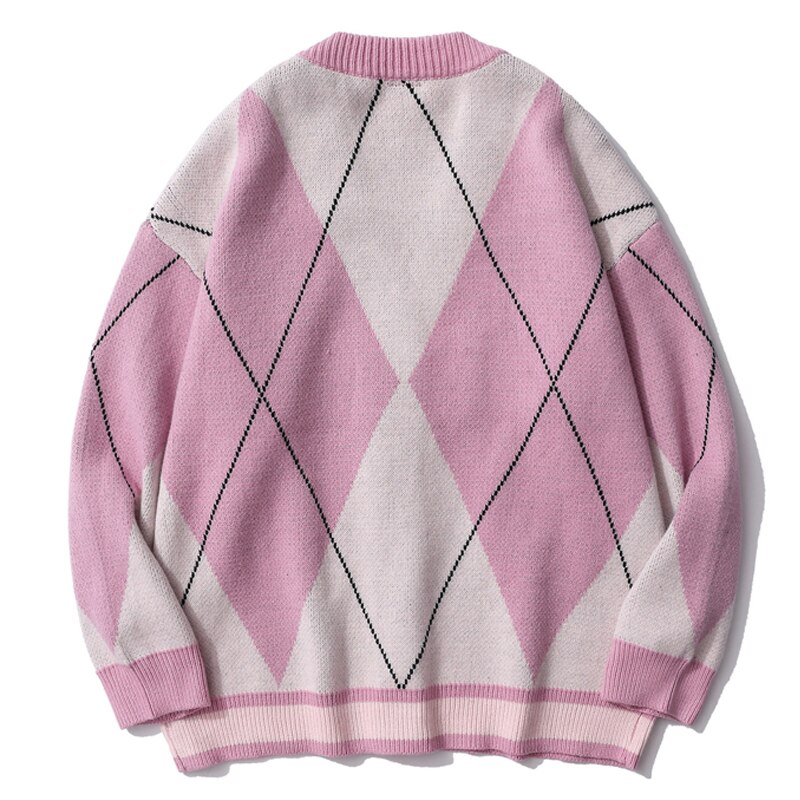 Cárdigan con bordado de letras peludas para hombre, suéter con corazón americano, Jacquard, a cuadros de diamantes, informal, cuello en V, abrigo de gran tamaño