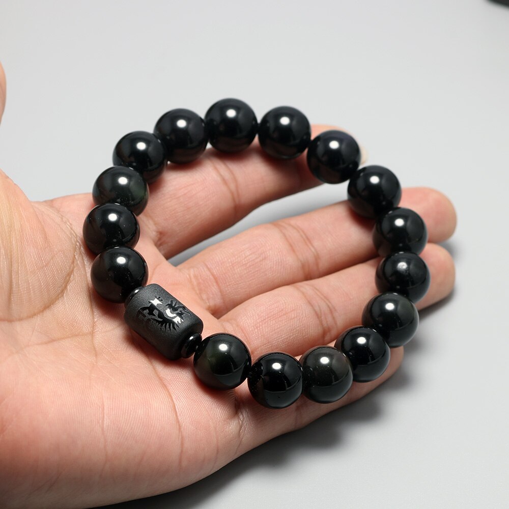 Véritable pierre naturelle noir obsidienne Bracelets pour hommes et femmes Dragon Phoenix Totem graver cristal Feng Shui bijoux