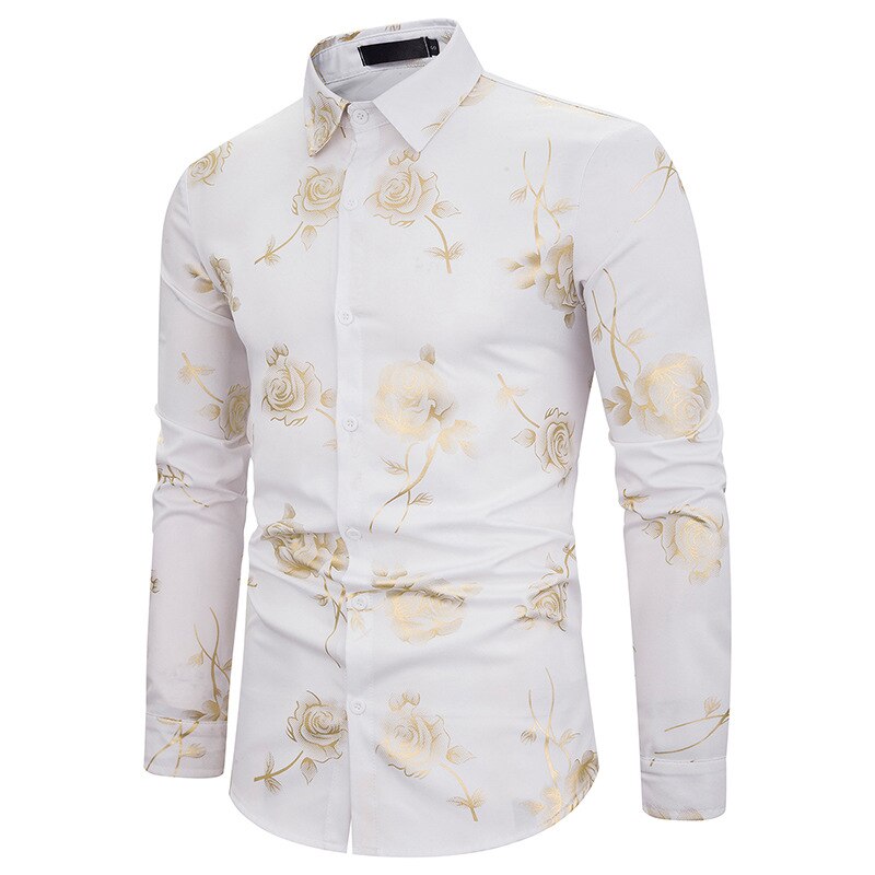 Blommiga skjortor för män manlig slim fit långärmad skjorta män svart vit blomtryck business casual skjortor s -2xl