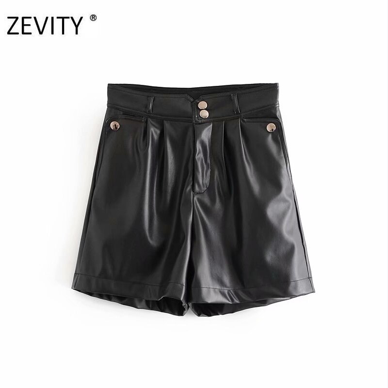 ¡Novedad! Pantalones cortos Zevity de piel sintética con botones a la para mujer, pantalones cortos ajustados informales con cremallera chic y bolsillos para mujer, pantalones cortos P923: S