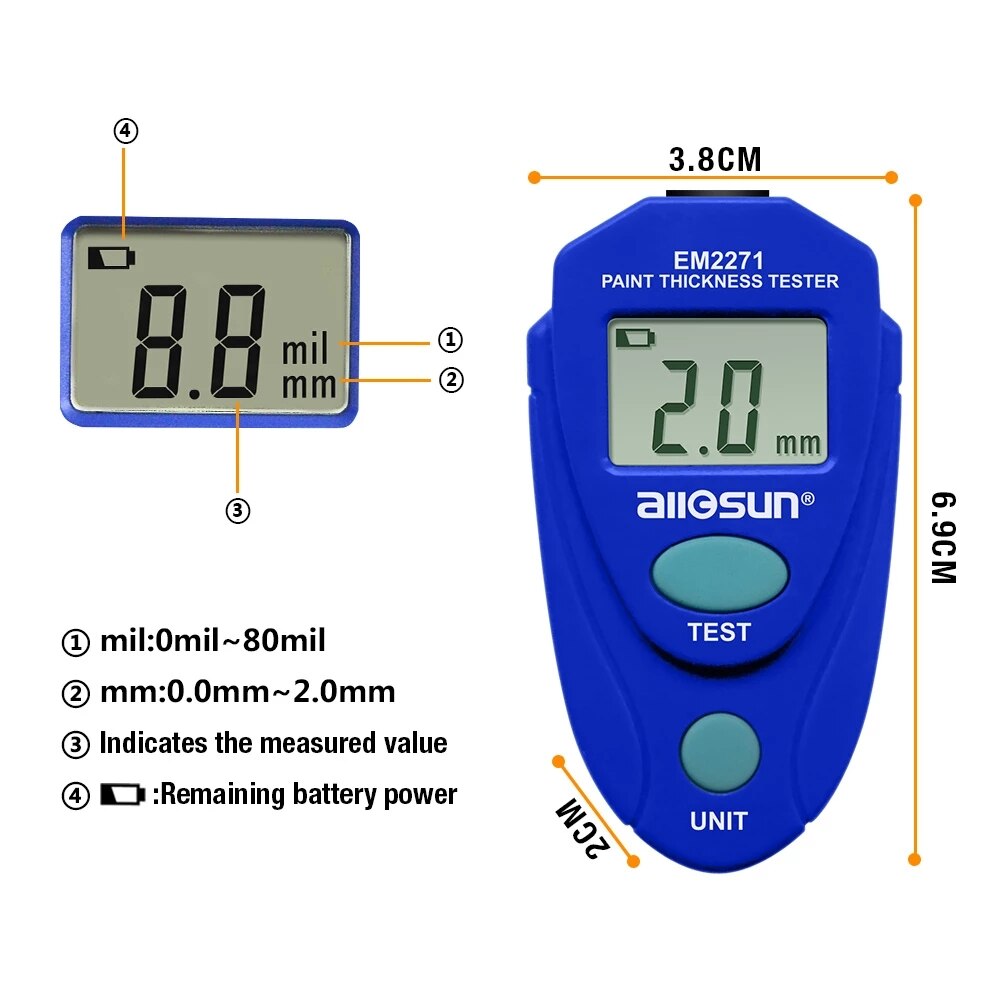 All sun all-sun  em2271 em2271a digital mini bil tykkelsesmåler bil lak tester tykkelse coating måler