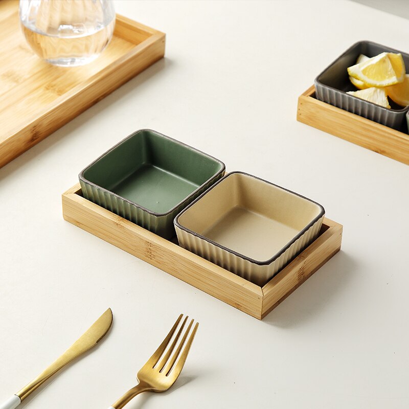 Muzity Keramische Vierkante Kommen Saus Schotel Porselein Dessert Snack Platen Met Bamboe Lade Kerstcadeau
