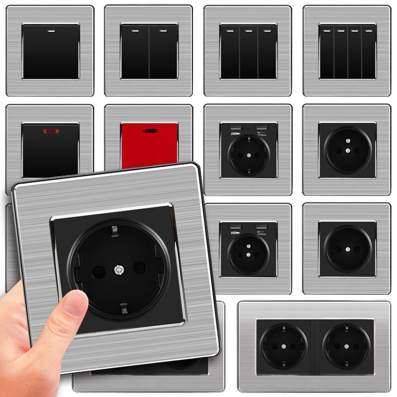 SRAN Wall 16A EU Standard Multi Way power socket with usb outlet strip 146mm*86mm stainless steel panel