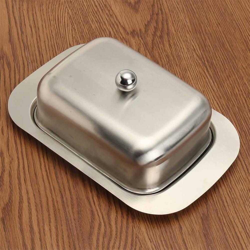 Stainless Steel Butter Dish Box Container Cheese Lid Tray with Keeper Dinnerware Storage Kitchen Server B8E9