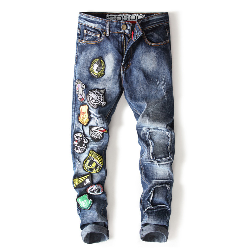 Pantalones vaqueros Skinny de motorista de primavera para hombre, pantalones de mezclilla ajustados con bordado estampado, pantalones vaqueros de talla grande 49 Calca, Vaqueros masculinos ajustados para hombre: 32
