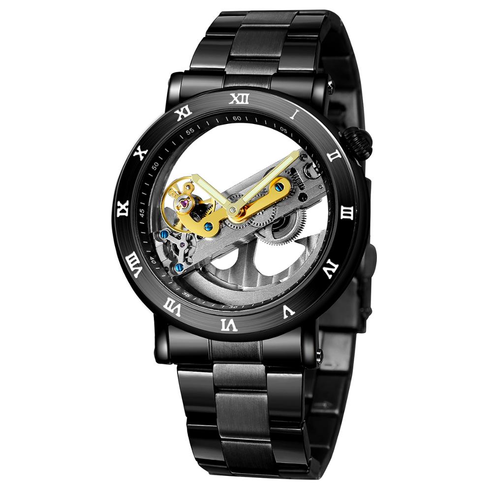 Speciale Transparante Case Skeleton Sport Mannelijke Waterdichte Mechanische Horloges Heren Lederen Automatische Tourbillon Horloges: steel black