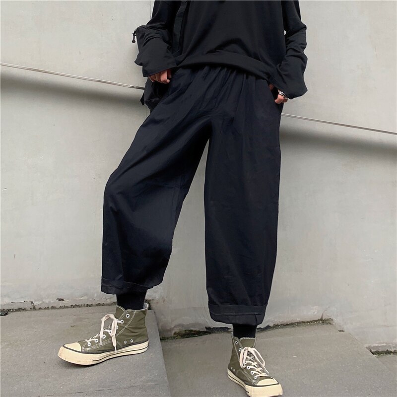 Pantalones de pierna ancha para hombre y mujer, pantalón informal, holgado, estilo japonés, retro, coreano, calle japonesa: Black / L