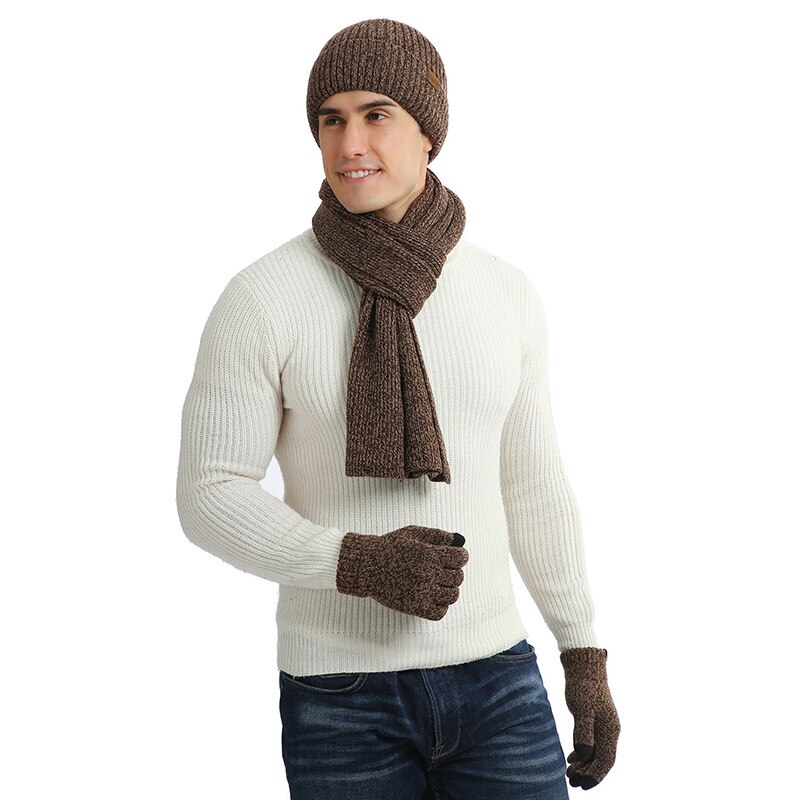 Høst og vinter varm dress blandet farge strikket herre ull tykk lue skjerf herre hansker tre for menn
