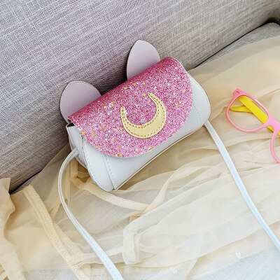 Dejlig lille piges håndtaske månemønster pailletter crossbody taske med søde katte ører børn taske bolsa: Lyserød