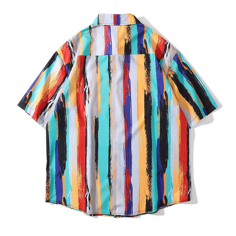 Vintage Street Spliced Tie-dyed Striped Shirts Men Women Lovers Short Sleeve Casual Hawaii Summer Tops Loose Clothing