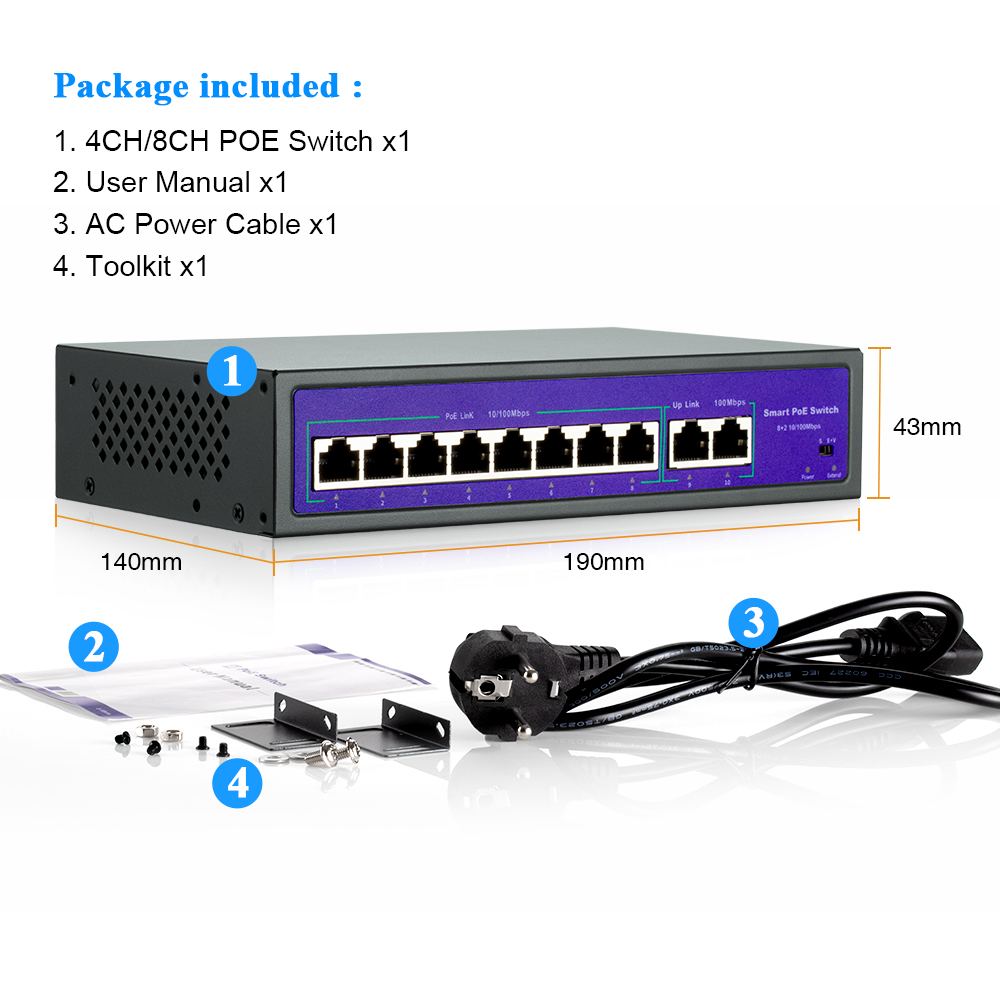 Techage 48V 4/8/16CH Network POE Switch For IP Wireless AP POE CCTV Camera System With 10/100Mbps IEEE 802.3 af/at Over Ethernet