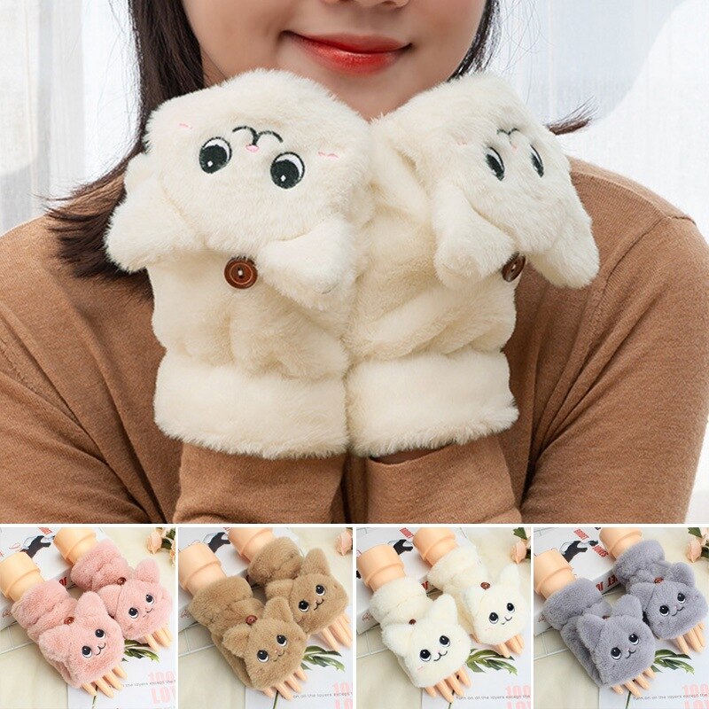 Kinder Mädchen Halbe Finger Flip Fäustlinge Plüsch Dicken Fahren Handschuhe Nette Katze Touchscreen Handschuhe für Mädchen Winter Warme Handschuhe