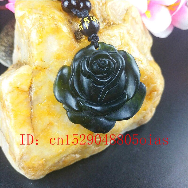 Certified Chinese Natural Black Green Jade Rose Pendant Necklace Obsidian Charm Jewellery Accessories Carved Amulet