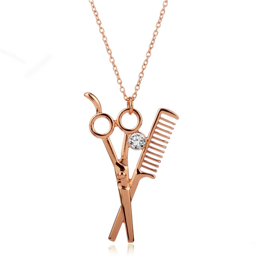 Beautician Hairdresser Necklace Scissors Comb Hairdresser Stylist Pendant Necklace for Women Men Pendant Jewelry: Rose Gold