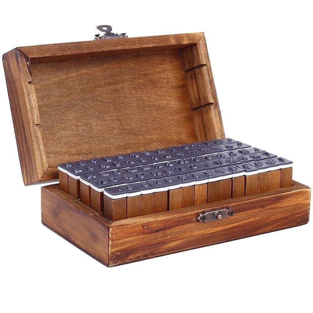 Caja de madera con letras del alfabeto multiusos, juego de sellos de goma, , 70 Uds.