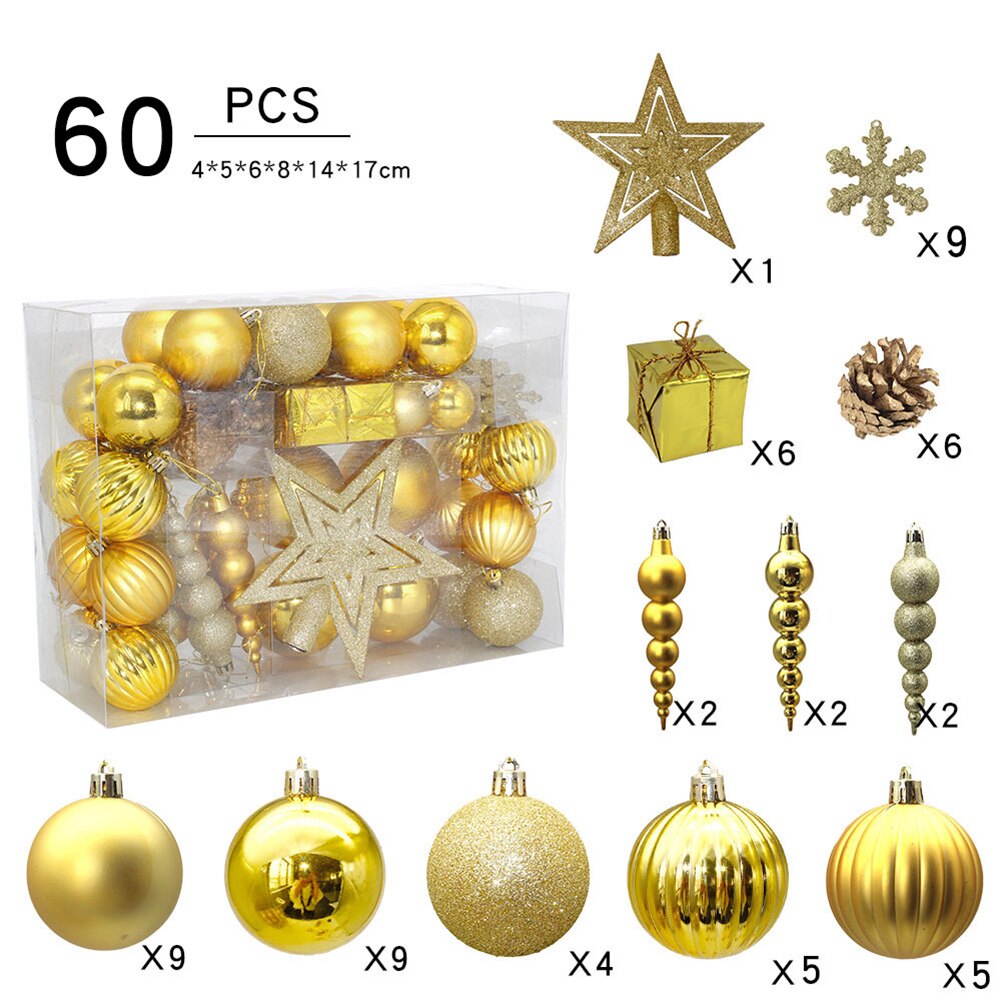 60 Pcs Kerstboom Diverse Decoraties Golden Star Ballen Sneeuwvlokken Ornamenten Voor Festival En Party