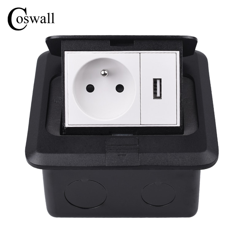 Coswall All Aluminum Black Panel Slow Pop Up Floor Socket 16A French Standard Power Outlet With USB Charging Port 5V 1A