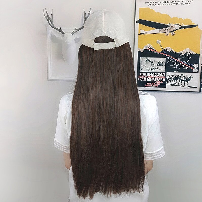 Berretto da baseball con capelli lunghi lisci capelli finti parrucca cappello estensioni dei capelli sintetici cappello con capelli parrucchino naturale per le donne