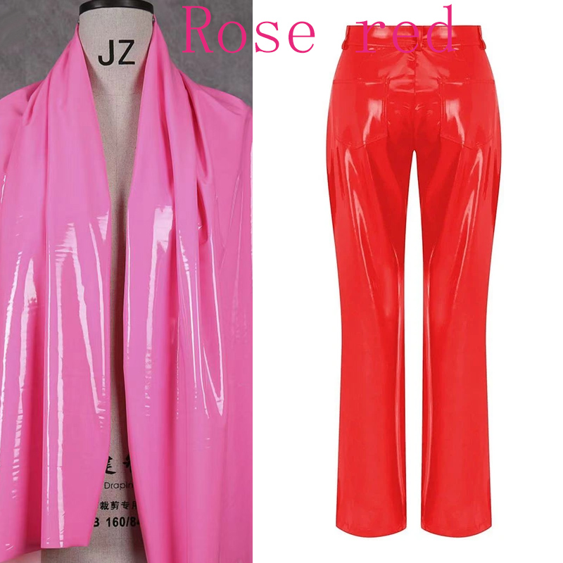 Skinnende røde patentskinn rette bukser dame høy midje pvc slanke bukser dame elegante gule pu bukser lomme tilpasset klubbklær