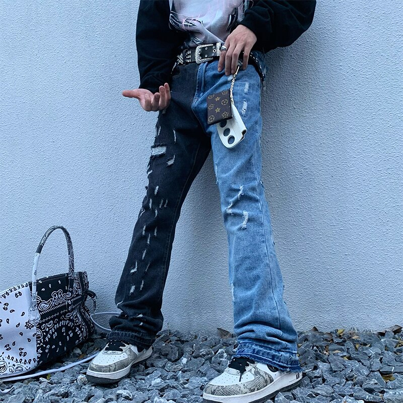 Swag – jean délavé délavé et délavé pour homme, pantalon en Denim évasé, coupe ajustée, style Hip Hop, noir et bleu