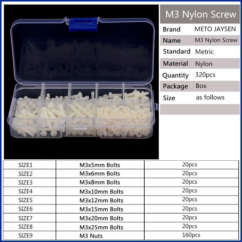 M3 Nylon Phillips Schroef Bouten Hex Moeren Ringen Set Wit Plastic Kleine Schroeven Assortiment Kit 320 Stks/set M3NLB198: Default Title