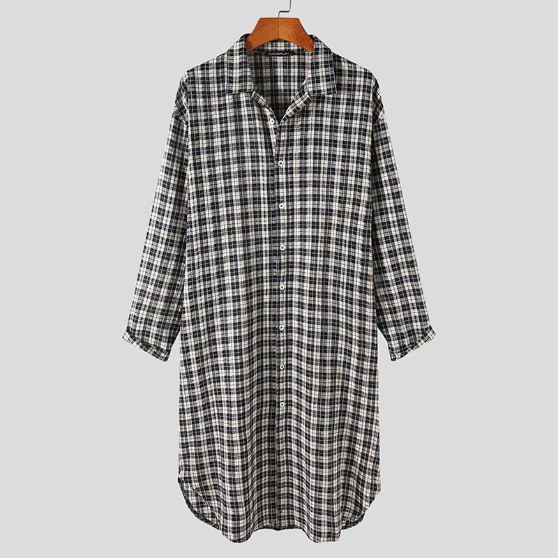 INCERUN Men Plaid Robes Turn Down Collar Long Sleeve Button Bathrobes Loose Comfortable Leisure Men Dressing Gown Homewear S-5XL: S