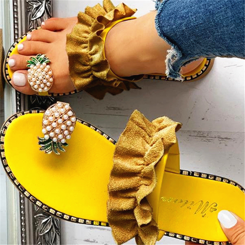 Frauen Pantoffel Ananas Perle Flache Kappe Böhmischen lässig Schuhe Strand Sandalen Damen Schuhe Plattform alias De Mujer Verano: Gelb / 35