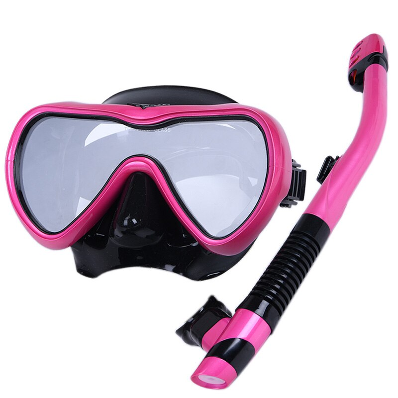 Máscara de mergulho que não embaça, snorkel de silicone com óculos antiembaçante, equipamento de pesca para adultos: rose red set