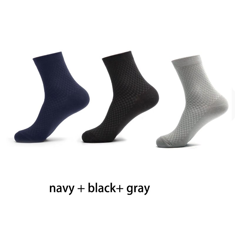 3 par/lot bambufiber långa strumpor herr crew strumpor rutiga affärsstrumpor man enfärgad höst calcetines hombre: Svart maringrå