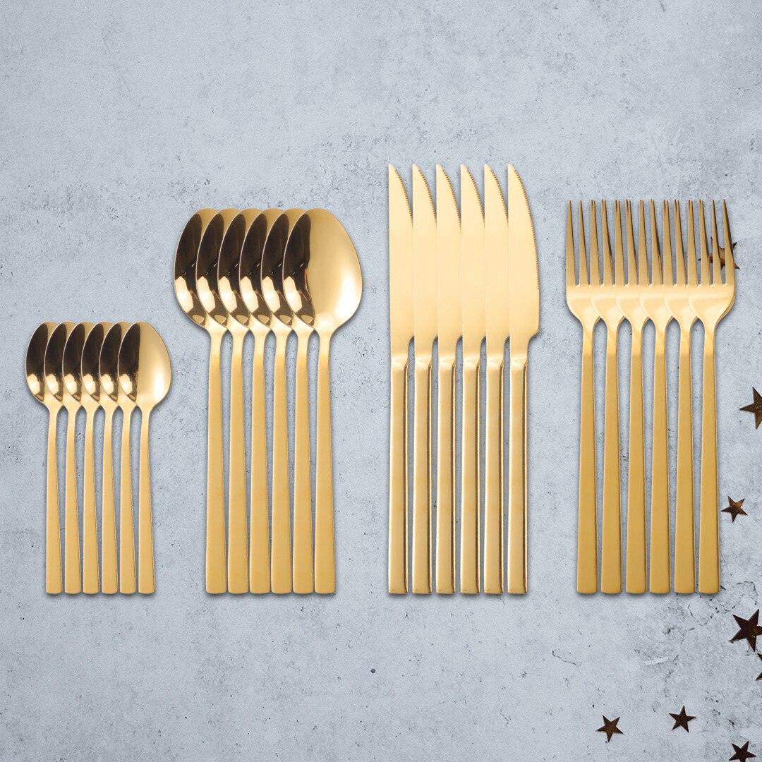 24Pcs Mirror Cutlery Tableware Set Silver Cutlery Stainless Steel Kitchen Set Dinnerware Knife Spoon Fork Dinner Set Complete: gold 24 pcs