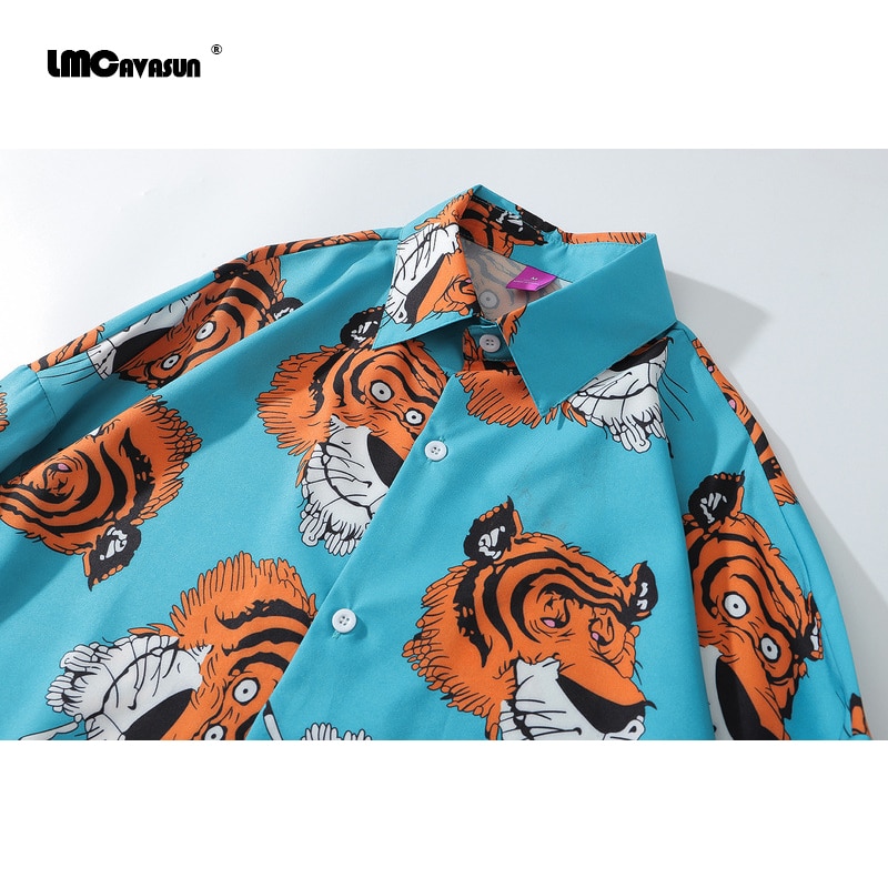 Lmcavasun lente en herfst harajuku stijl tijgerprint shirt met lange mouwen losse plus size hawaiiaanse shirts voor mannen en vrouwen