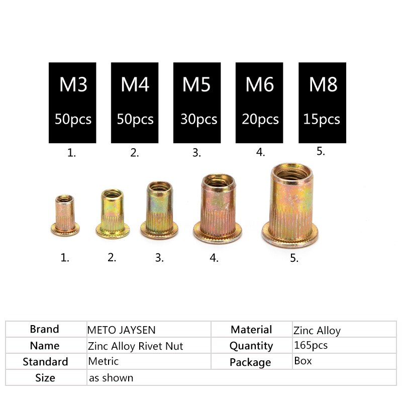 165pcs Zinc Rivet Nuts M3 M4 M5 M6 M8 Flat Head Knurled Zinc Alloy Rivet Nuts Set Multi Sizes Zinc Rivet-Nuts Assortment Kit