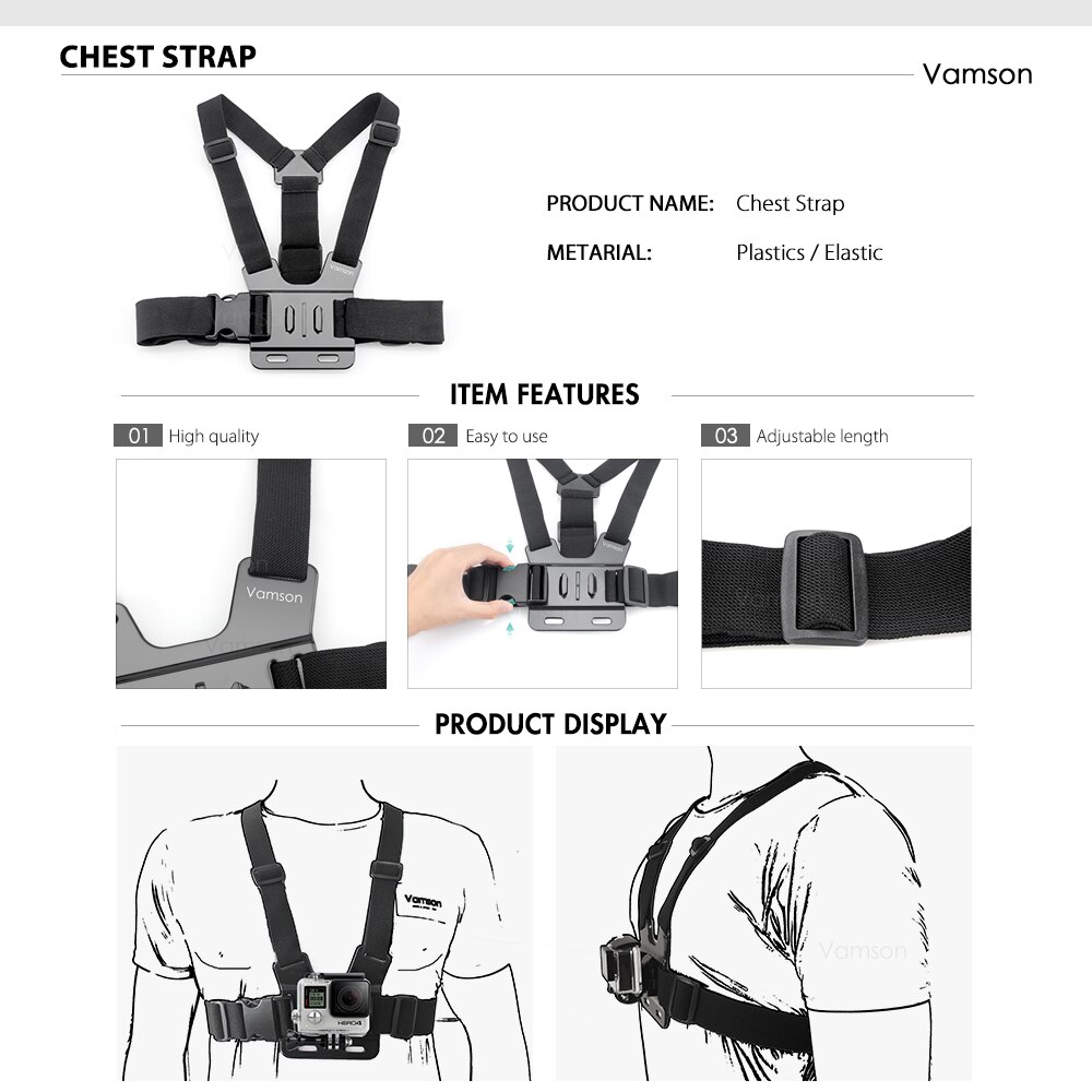 Vamson for DJI OSMO Action Camera Accessories for go pro Hero 10 9 8 7 6 5 Tripod Head Chest Strap for Xiaomi Yi4K insta360 VS22