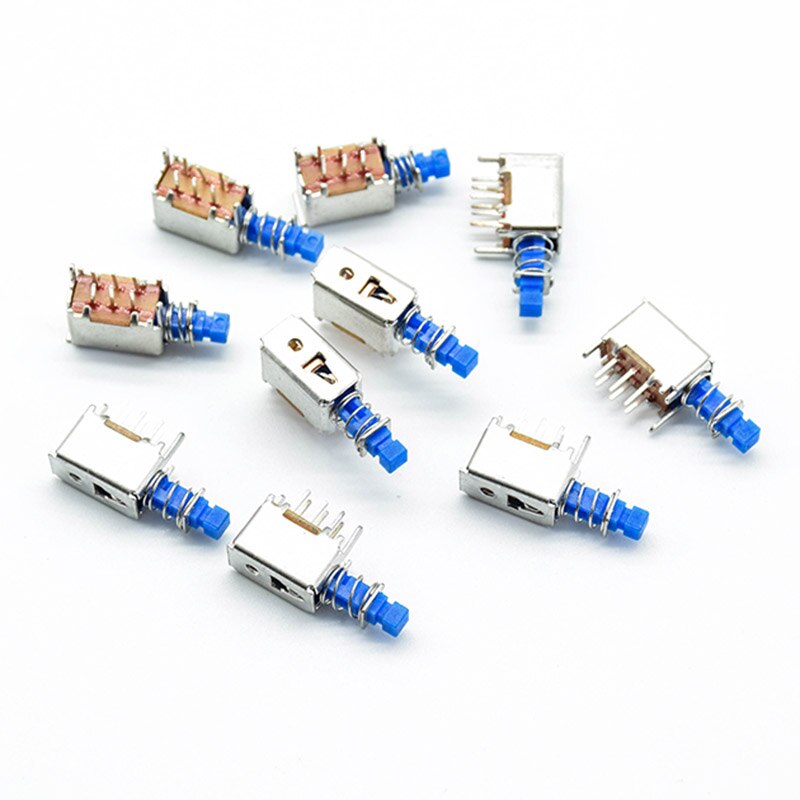 5pcs Right Angle PCB Latching Push Button Switch DPDT Double Pole 6 Pin self-locking key power switches red blue yellow A03/04