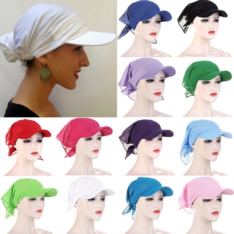 1PC Women Durag Brim Cap Sun Visor with Pre-Tied Turban Caps Head Scarf Hijab Pure Color Muslim Beach Vacation Outdoor