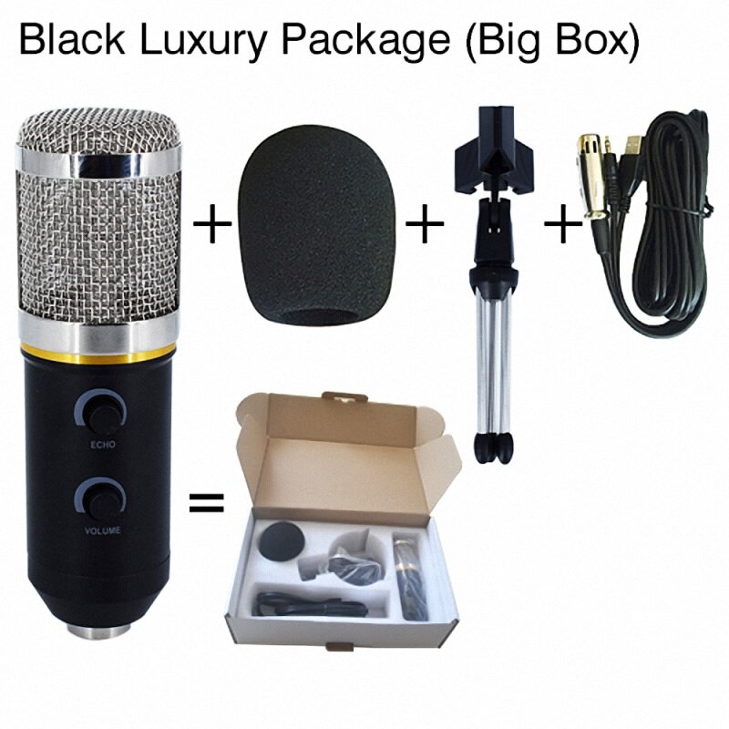 MK-F200TL Microphone USB Condenser Microphone for Video Recording Karaoke Radio Studio Microphone for PC Computer: Black Luxury Package