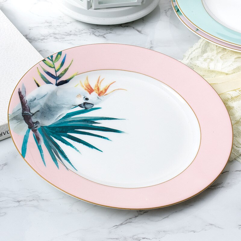 Skandynawski zielony liść styl płyta ceramiczna ręcznie malowany okrągły Beefsteak płyta taca śniadaniowa talerze obiadowe talerz: Parrot