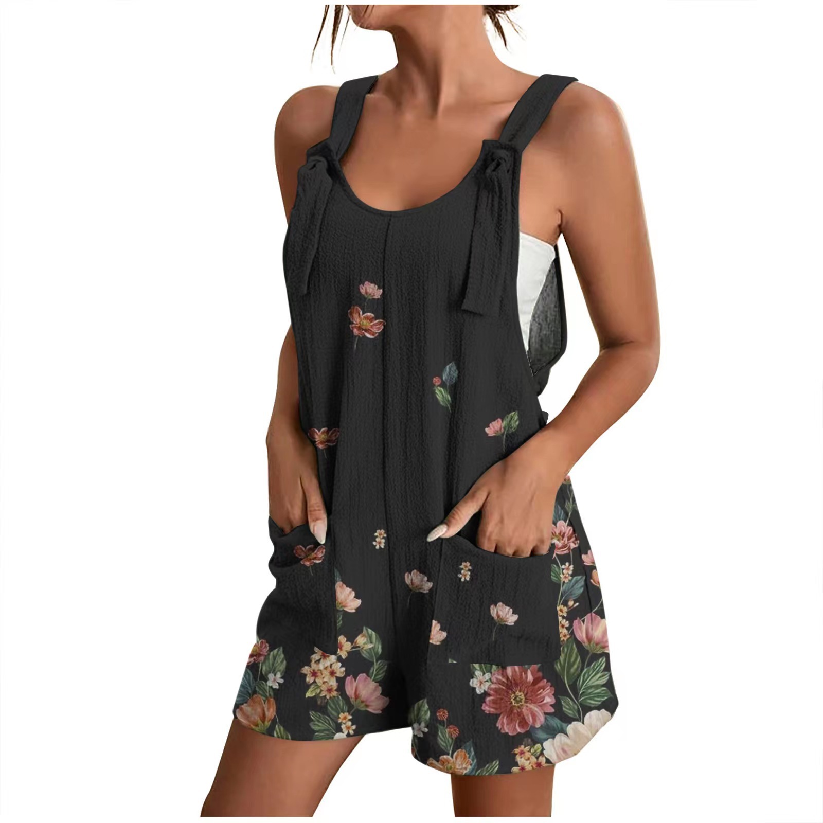 Mamelucos para mujer, monos de pierna ancha de verano, pantalones cortos con tirantes y nudo, mameluco, monos casuales cómodos con bolsillos: XL / Negro