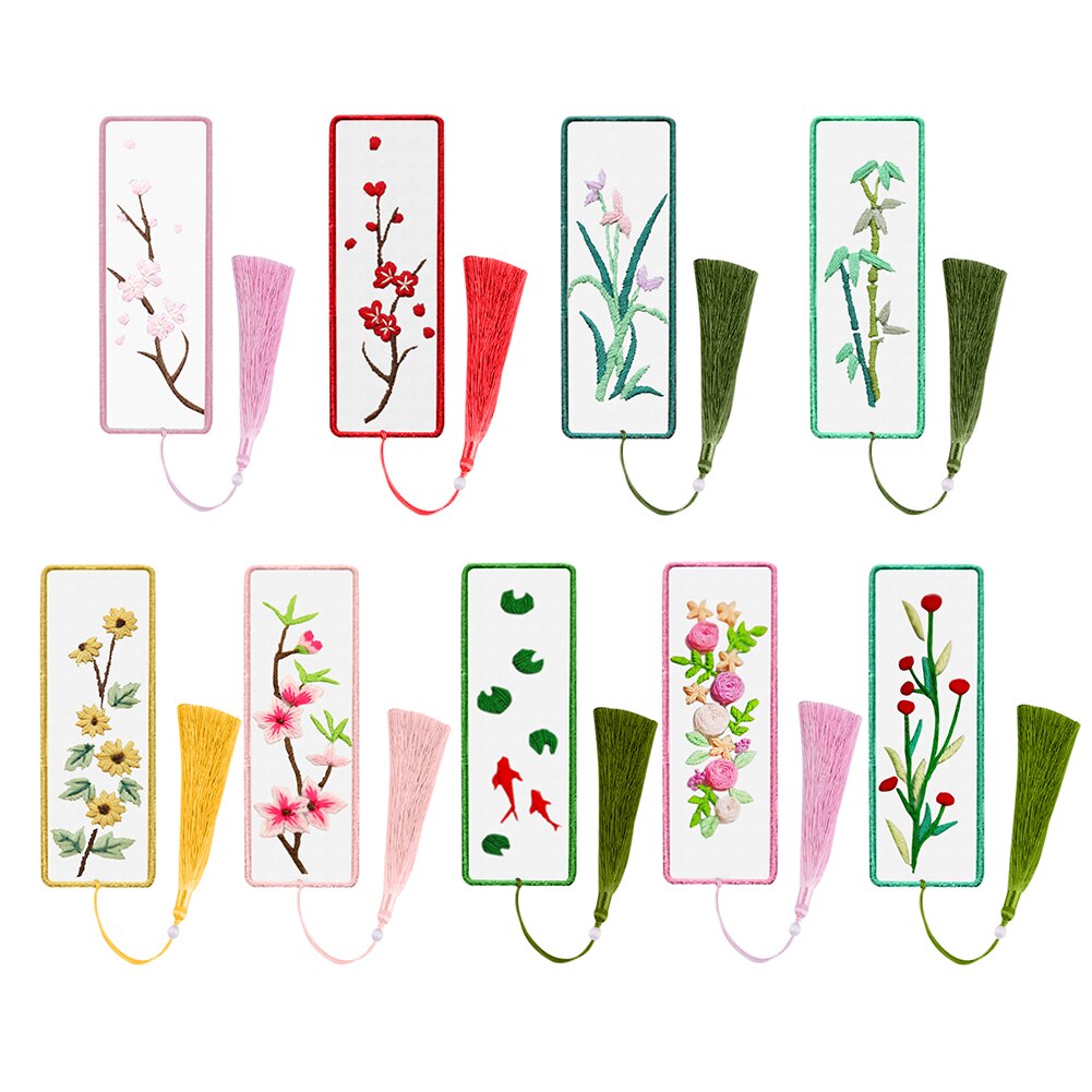 DIY Chinese Style Embroidery Bookmarks Rectangle Embroidery Material Kit Bookmark Flowers Cross Stitch Needlework Craft