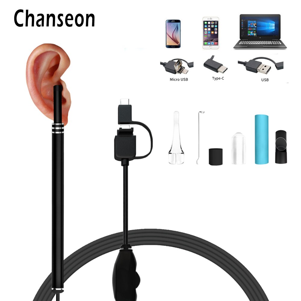 Endoscope USB USB type-c 3 en 1 pour le nettoyage des oreilles, cuillère visuelle HD, oreillette multifonctionnelle avec Mini caméra, soins de santé des oreilles