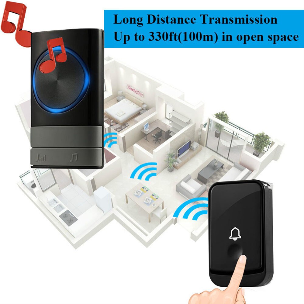 Self-powered Wireless Doorbell US Plug No Battery Waterproof 150m Range Push Button Door Bell Ring Chime For Light LED