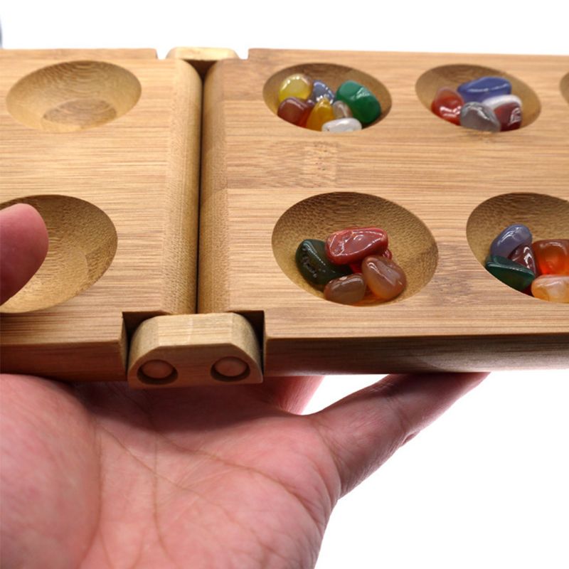 Classics Folding Bamboo Mancala Board Game Strategy Games with 72pcs Glass Bead