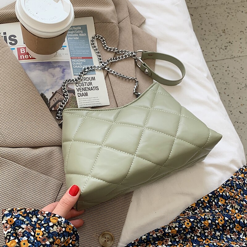 Soft PU Leather Women's Chain Shoulder Crossbody Bag Simple Ladies Small Square Messenger Bag Female Purse Handbags: Green