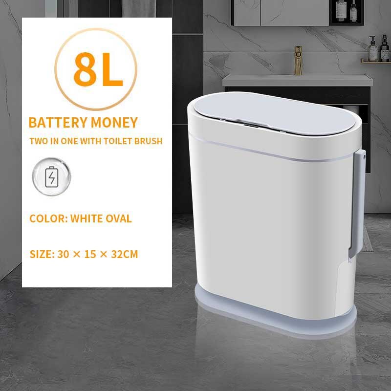 Smart Sensor Trash Bin Household Induction Trash Can Bathroom Waterproof Waste Garbage Bin Toilet Narrow Seam Sensor Rubbish Bin: 8L White set