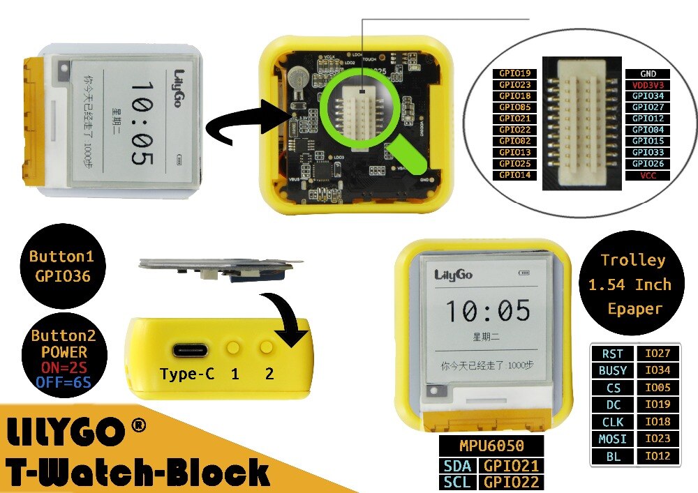Lilygo® ttgo t-blokkere esp 32 hovedbrikke 1.54- tommers e-papir toppdeksel programmerbar og monterbar utviklingsmaskinvare
