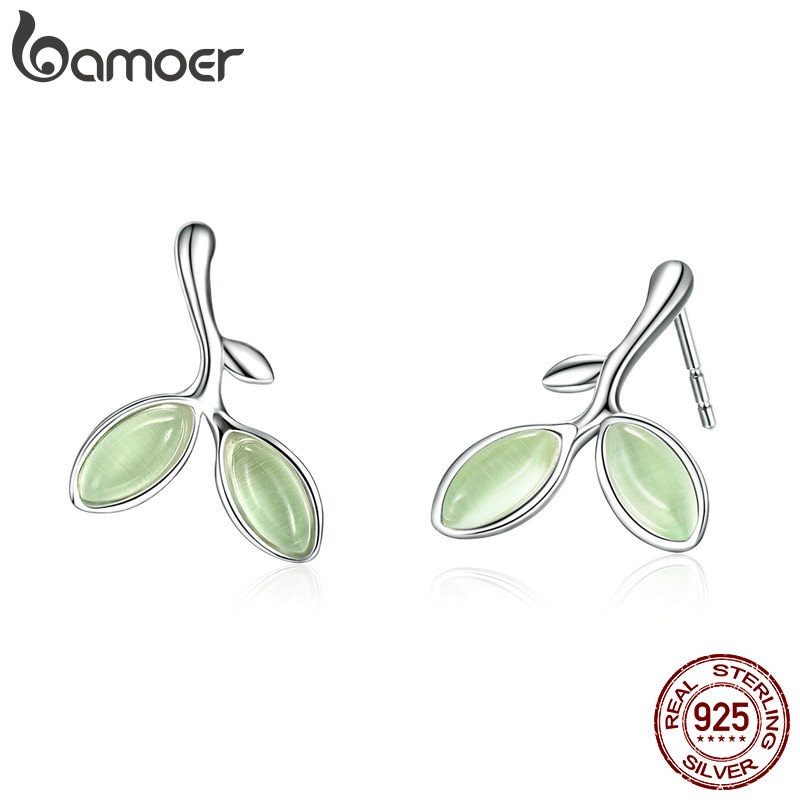 Bamoer real 925 prata esterlina esperança folhas árvore brotos verdes pequenos brincos para as mulheres autêntico jóias de prata sce465