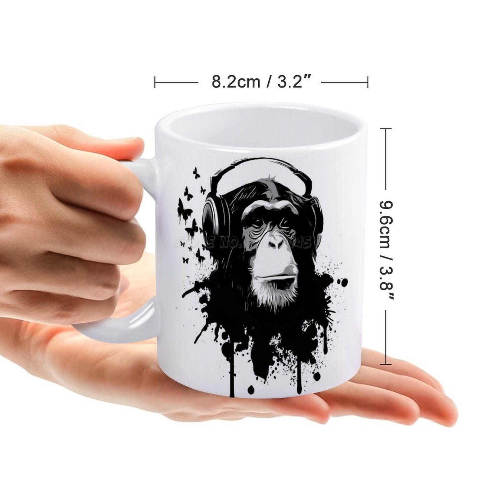 Taza de cerámica blanca con auriculares para DJ, tazón de monos, Dj, King Kong, con auriculares
